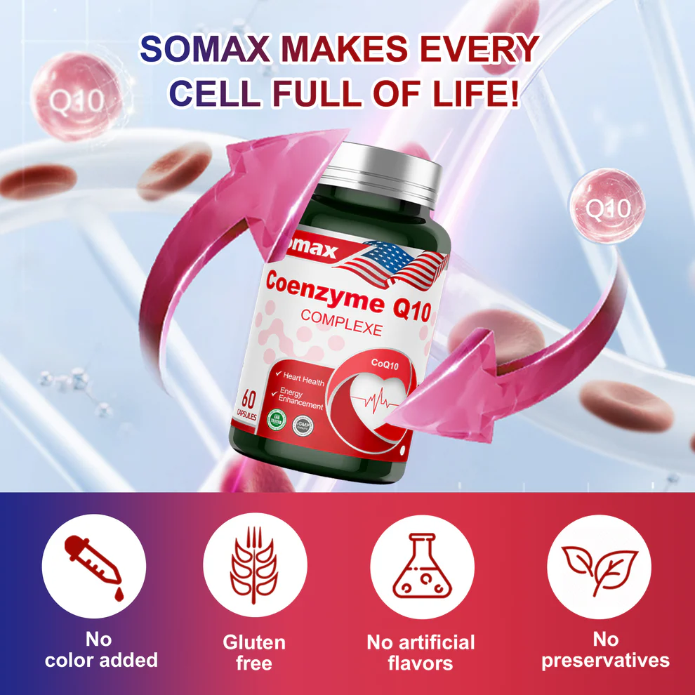 Somax CoQ10 dietary supplement packaging - naturally fermented CoQ10