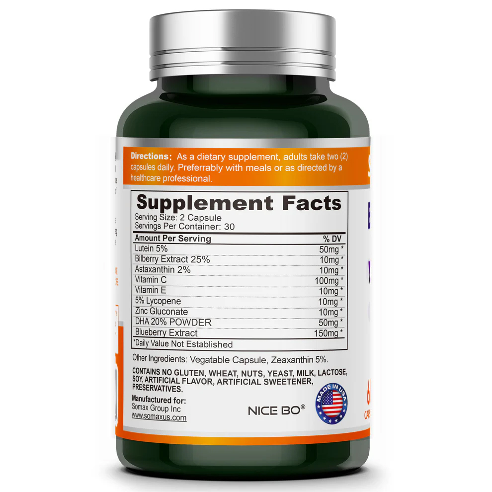 Somax Eye Protection Lutein back label with ingredient details - US GMP certified